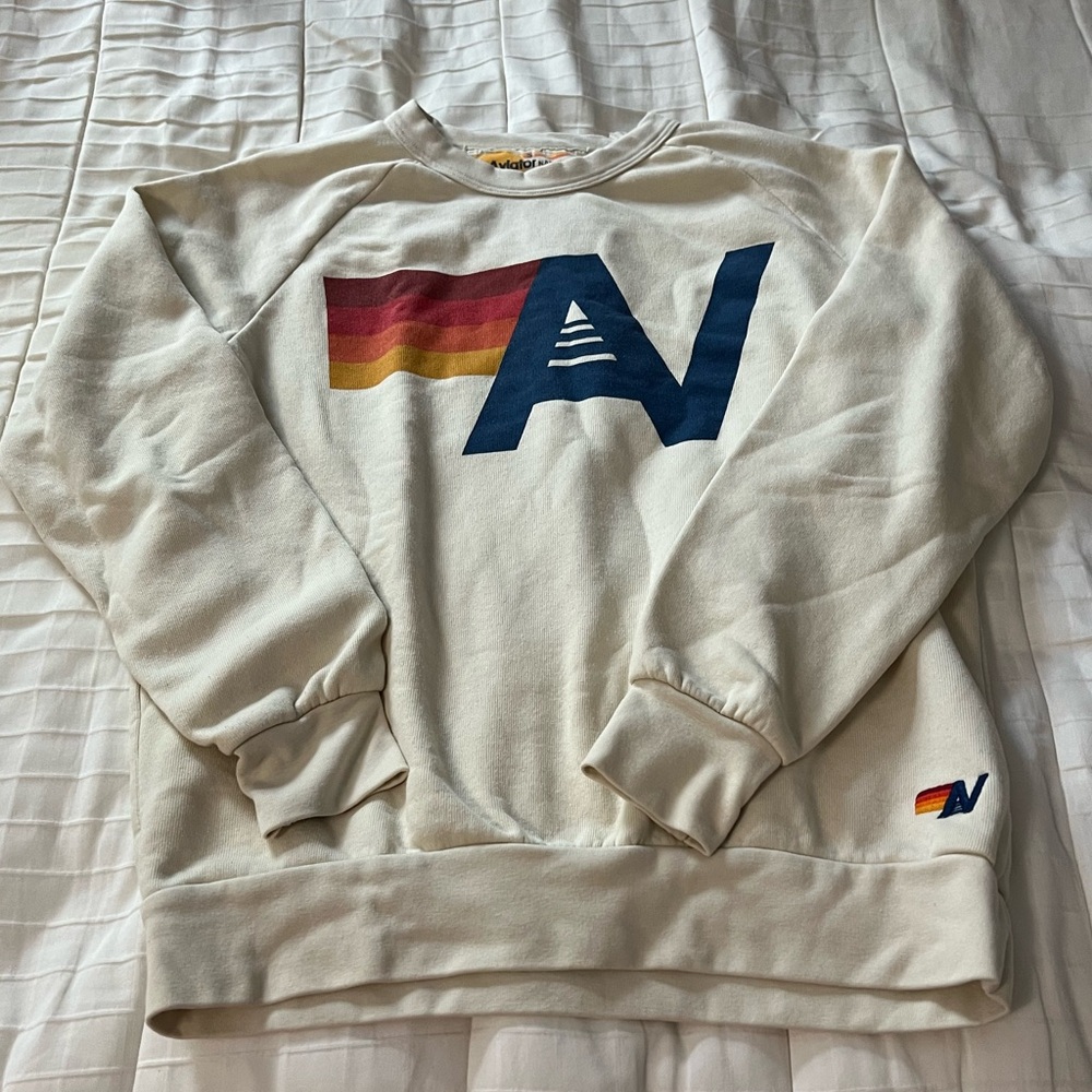 Aviator Nation Cream Sweatshirt with Navy 'A' and Rainbow Stripe